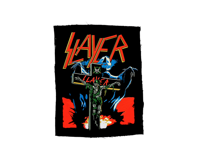 Slayer band patch with graphic design on a black background