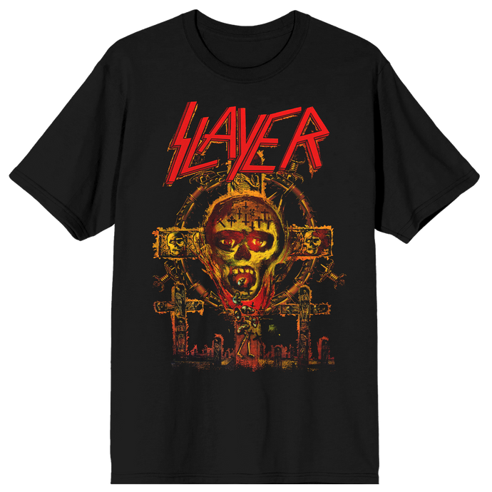 Black t-shirt with Slayer graphic design featuring a skull and crossbones on a white background
