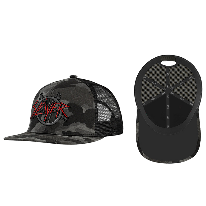 This Camo Snapback Hat features an iconic Slayer logo embroidered on the front. It has a mesh backing for style and a snapback closure to ensure a comfortable fit.