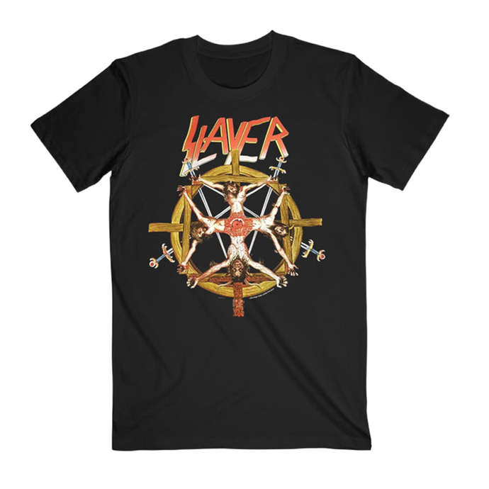 The Crucifixion Wheel Tee black tee, features a bold graphic print on the front.