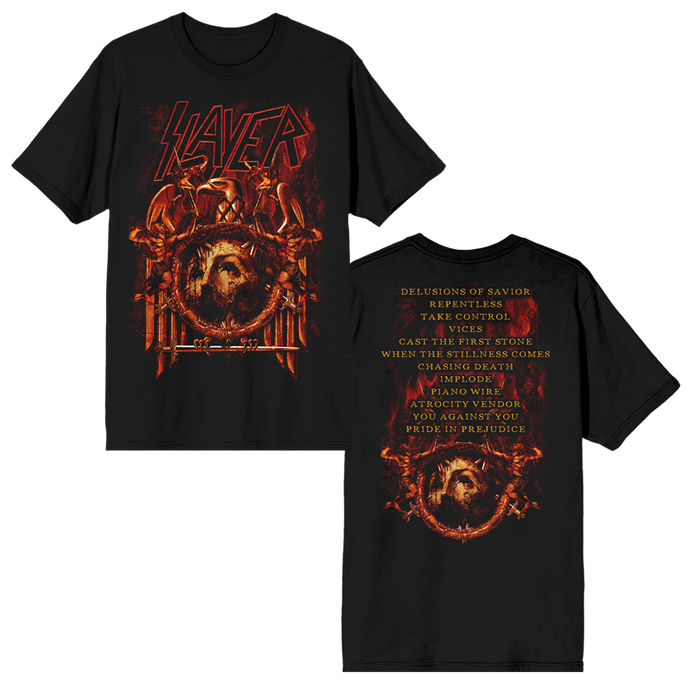 Black t-shirt with Slayer logo on front and Repentless Tracklist on the back