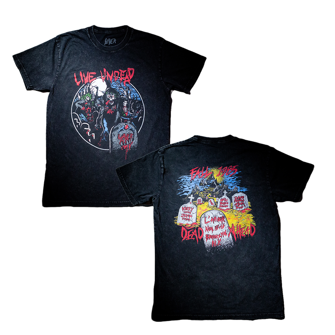 Commemorate the 40th anniversary of Slayer’s iconic with the Live Undead album with this special Anniversary Edition stonewashed tee. This premium staple stone wash t-shirt has a vintage look and feel to give it a perfectly worn-in feel the moment you put it on.

100% ring-spun cotton fabric
Stonewashed finished classic
40th Anniversary Live Undead Collection