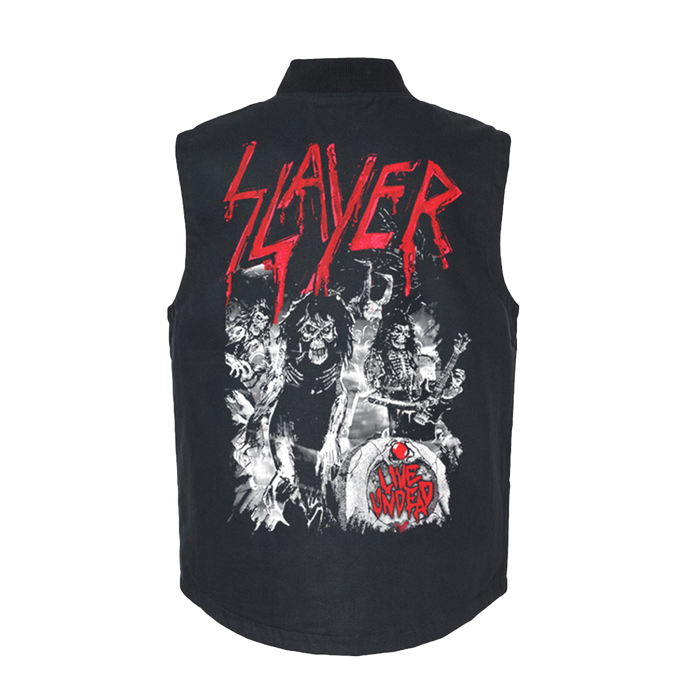 The Slayer Live Undead 40th Anniversary Insulated Vest, was crafted for metalheads who appreciate a heavy-duty canvas vest that's not only comfortable but also built to withstand the chaos of the pit. The back features an electrifying black, white, and red screen-printed tribute to Live Undead, Slayer’s legendary live album. The front is subtly marked with the iconic Slayer logo, offering the perfect balance between brutal design and understated power.