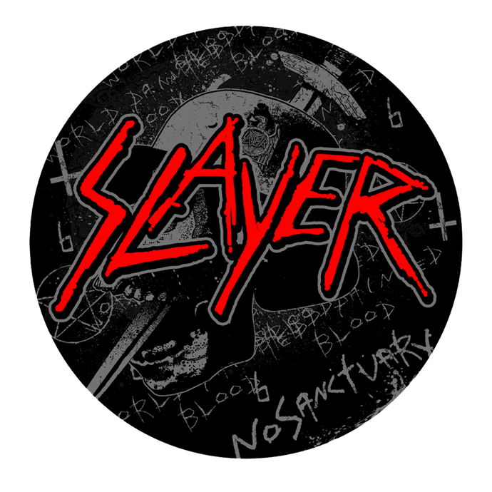 Slayer 'No Sanctuary' Round Car Decal—Featuring the iconic Slayer logo, this bold emblem is the perfect addition for any die-hard fan.