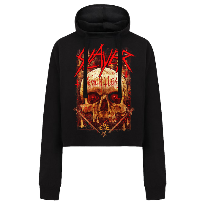 Black hoodie with Slayer band logo featuring a skull and red text on a white background