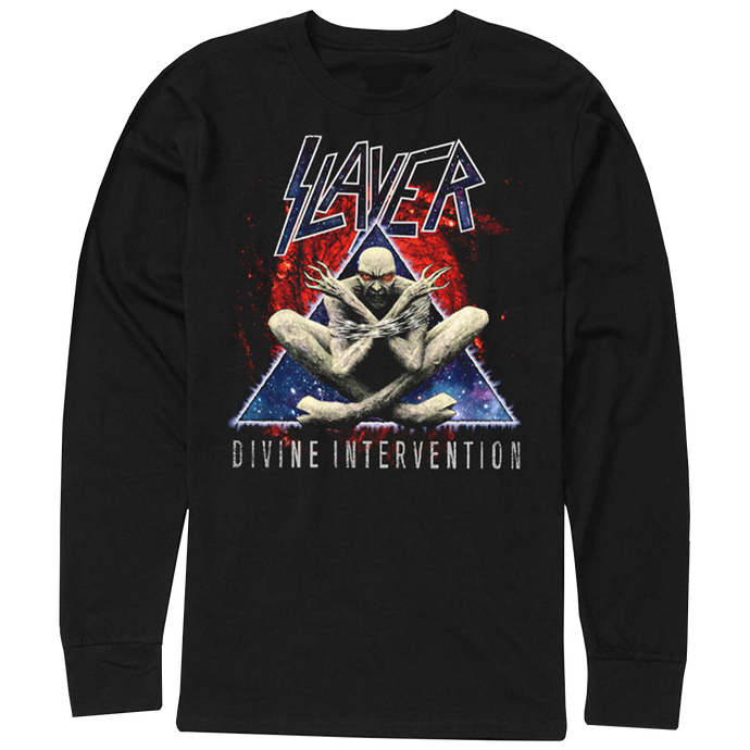 The Divine Triangle Demon Long Sleeve Tee was specially designed to celebrate the 30th anniversary of Slayer's legendary Divine Intervention album. he detailed demon triangle design stands boldly against the premium fabric, making it a perfect tribute to Slayer’s iconic album.

Made from 100% combed ring-spun cotton