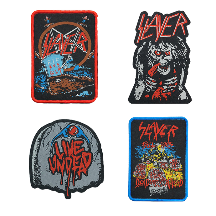 The Slayer Live Undead Woven Patch Set features 4 separate patches that pay homage to the 1985 Live Undead release. Use the whole set for a battle vest, jacket, gear bag and more. This set includes: 

RIP Grave Patch 3