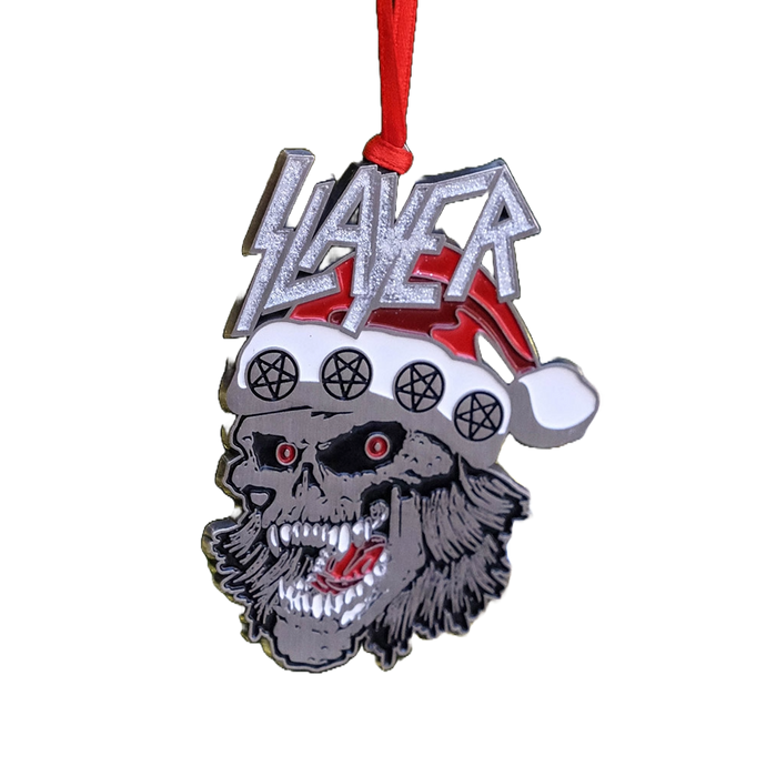 The Slayer Laughing Santa Skull Glitter Enamel Metal Xmas Ornament is a festive way to show your love for Slayer! The ornament features a laughing skull and Slayer enamel design.