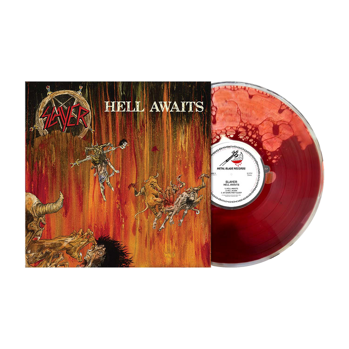 Vinyl record and cover with Slayer 'Hell Awaits' design on a white background
