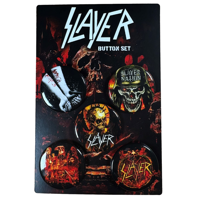 This button set features 5 unique designs! Each button showcases bold Slayer imagery, including the Slayer Nation skull, flaming logo, and album-inspired artwork. Add these buttons to your denim jackets, bags, or even display them as collectibles.