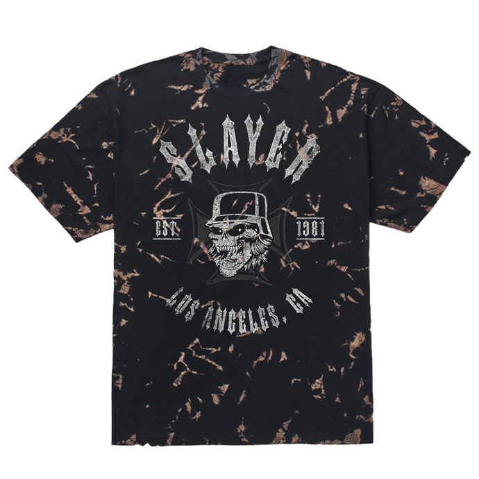 Black tie-dye t-shirt with 'Slayer' graphic design on a white background