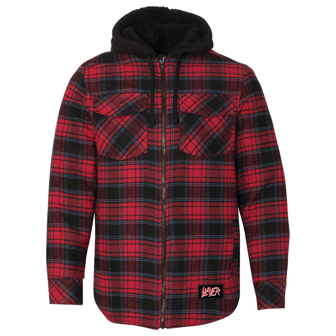 Red and black plaid jacket with a brand logo on a white background