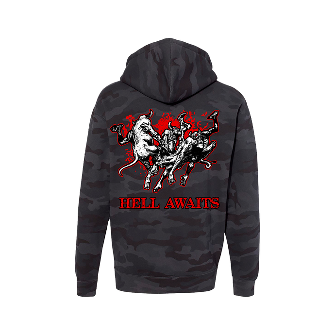 Black camouflage hoodie with graphic design and 'HELL AWAITS' text on the back