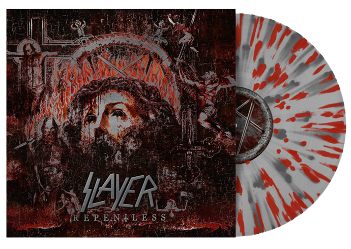 Vinyl record with Slayer album cover featuring a stylized portrait and abstract design.