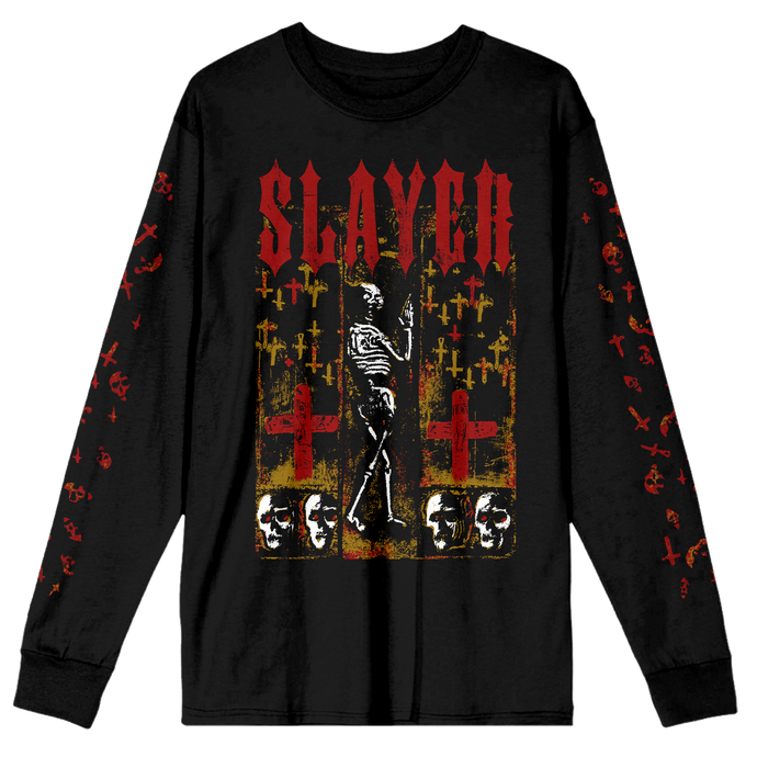 Black long-sleeve shirt with Slayer band graphic design on a white background