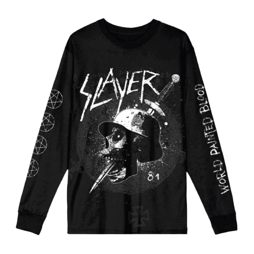 World Painted Blood Dagger Longsleeve features white skull artwork on the front with a Slayer Logo printed above it, and prints on both sleeves.