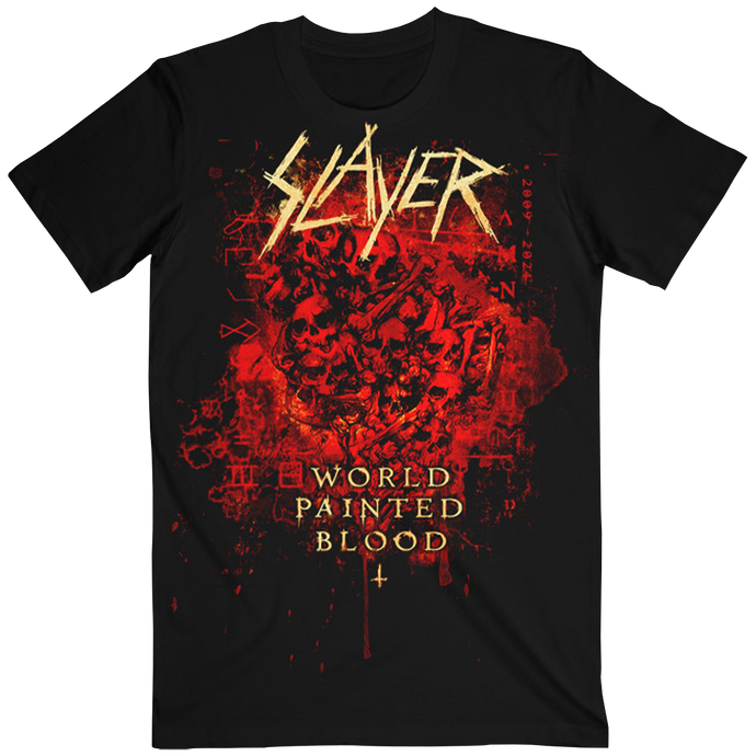 Unleash your inner thrash metal fan with the World Painted Blood Skulls T-shirt. This black tee features the Slayer logo and striking red skull artwork on the front, channeling the intense, raw energy of Slayer’s iconic World Painted Blood era.